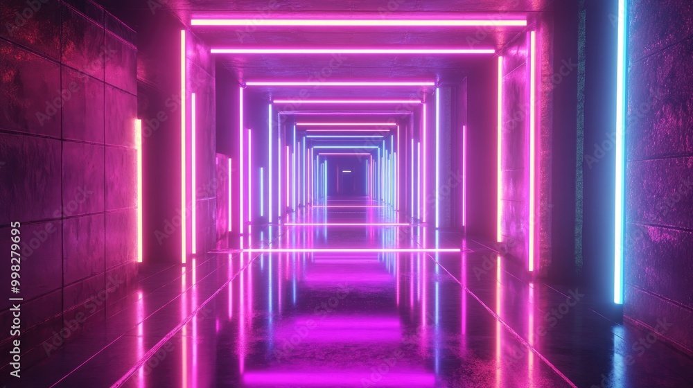 Poster 3d rendering of a virtual reality space featuring neon lighting a square portal tunnel ultraviolet h