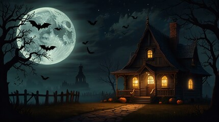 halloween night scene with haunted house