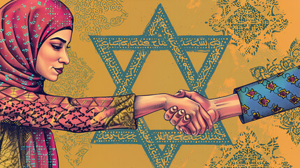 Muslim Woman Handshaking Against David Star, National Day, Interfaith Harmony Day, Generative Ai