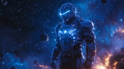 Fototapeta premium Futuristic Warrior in Glowing Armor in Space