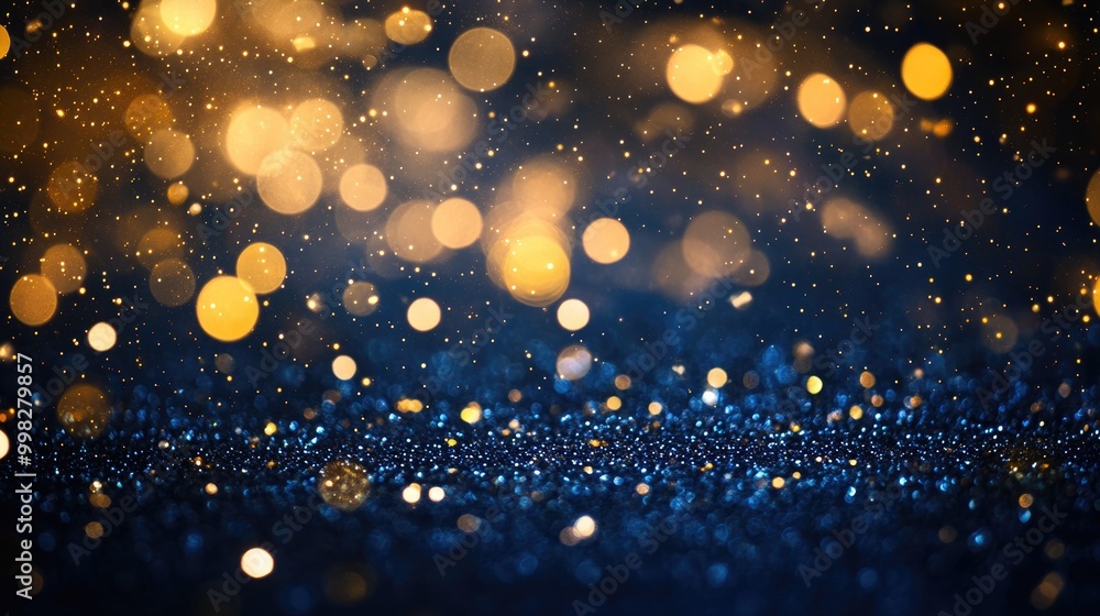 Poster abstract background featuring dark blue and gold particles with a shimmering effect bokeh of golden 