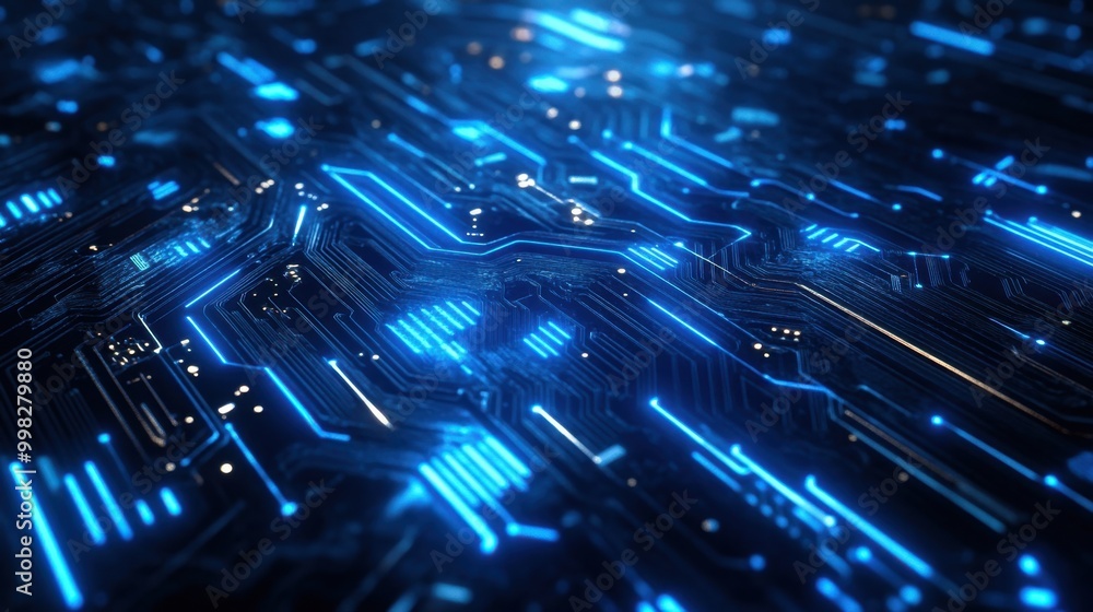 Poster high-tech circuit board lines glowing bright blue, creating an intricate design that showcases moder