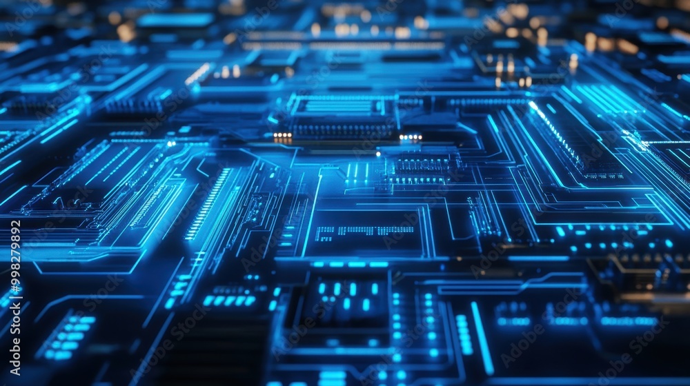 Poster high-tech circuit board lines glowing bright blue, creating an intricate design that showcases moder