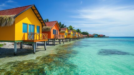 Obraz premium Vibrant bungalows along a pristine beach with turquoise waters and clear skies, evoking a tropical vacation vibe.