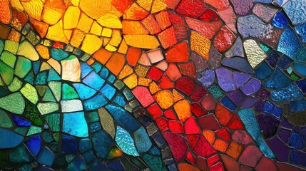 Vibrant glass mosaic art with intricate, colorful patterns, reflecting light and adding a decorative touch to the space.