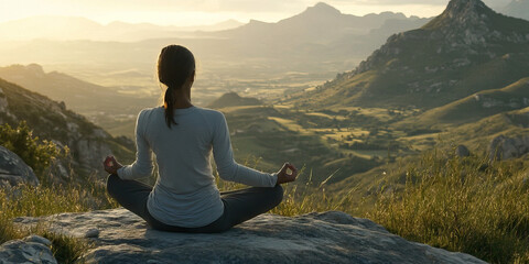 Zen Yoga Practice on Mountain Top: A yogi in lotus position, overlooking a stunning mountain range while meditating.