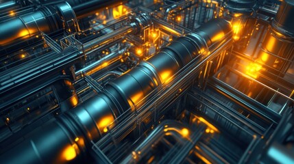 High-tech industrial pipes glowing in a night factory setting, visualizing future industry advancements.