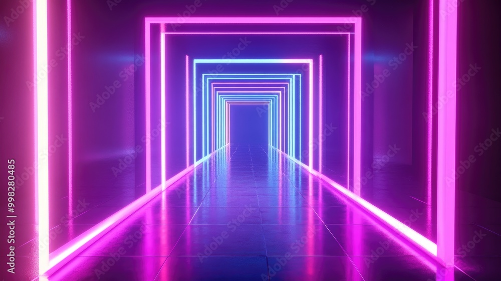 Poster 3d rendering of a virtual reality space featuring neon lighting a square portal tunnel ultraviolet h