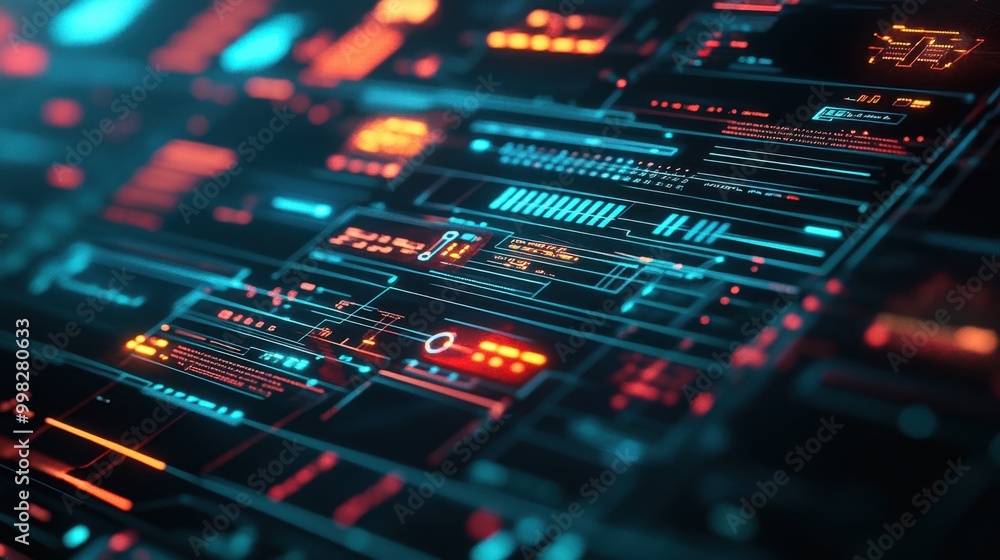 Poster high-tech project planning with ai data integration, seamless task management in a glowing night int