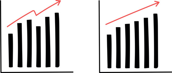 Set of graphs, set of bar charts. Graph going up sign with and red arrows vector set. Vector illustration
