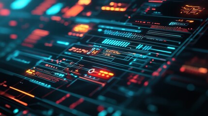 Obraz premium High-tech project planning with AI data integration, seamless task management in a glowing night interface.