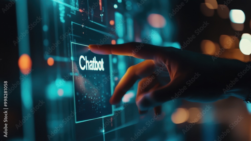 Poster human hand reaches for a screen with 