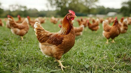 A vibrant brown chicken confidently struts across a green pasture surrounded by flock.