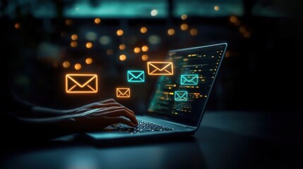Hands typing on a laptop with glowing digital envelopes and an email icon in the foreground, symbolizing email marketing, online communication, digital marketing