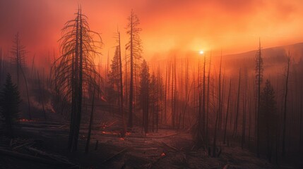 Fototapeta premium A haunting sunset over a forest landscape, with smoky skies and burned trees, creating an eerie yet beautiful atmosphere.