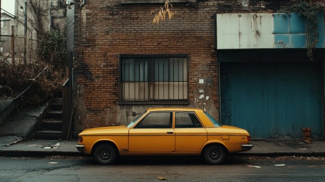 Yellow Car Parked Beside a Brick Building With a Blue Door
