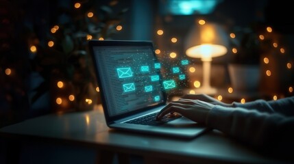 Fototapeta premium A person typing on their laptop with an open glass screen showing glowing blue and green mail icons in the background, representing email marketing, digital communication, email marketing