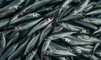 Fototapeta premium pile of freshly caught silver fish on ice at the market, texture of seafood background, freshness and the ocean's bounty creative backdrop