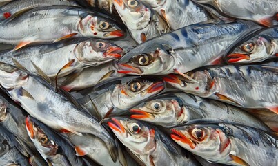Obraz premium pile of freshly caught silver fish on ice at the market, texture of seafood background, freshness and the ocean's bounty creative backdrop