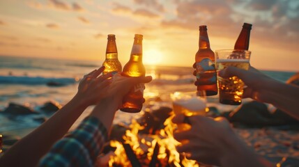 Cheers to the sunset! Friends enjoying drinks by the beach around a fire. A perfect evening captured in front of the beautiful sea.