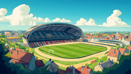 Scenic Stadium in a Vibrant Cityscape – Sports Arena Illustration design