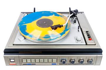 Vintage turntable record player with blue and orange vinyl isolated on white background.