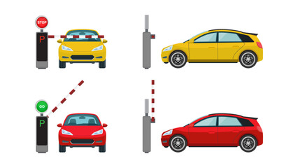 Fototapeta premium Car at Parking Entrance. Boom Barrier and Stop and Go Sign at Entry and Exit. Vector.