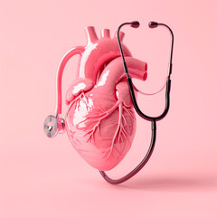 A heart, a stethoscope, solid color background