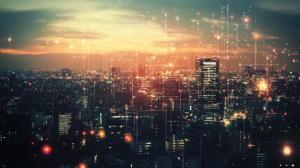 Fototapeta premium Illuminated cityscape overlaid with digital connections, showcasing the global market for electronics and IT.