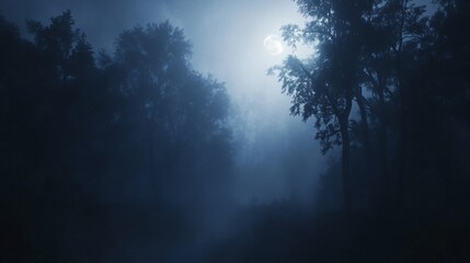 Naklejka premium A misty forest with a full moon shining through the branches of trees at night.