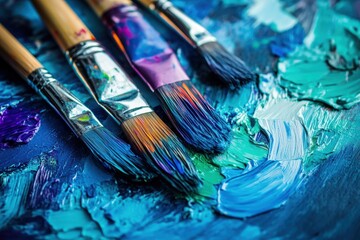 Obraz premium Bright splashes of color on a palette accompany paintbrushes on a canvas, illustrating a dynamic abstract art creation process. Generative AI