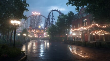 Spooky Halloween party in an abandoned theme park broken roller coasters