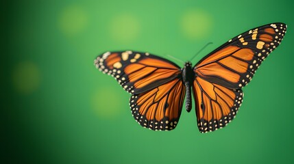 Fototapeta premium Beautiful Monarch butterfly soaring against a vibrant green background.
