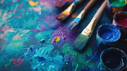 Obraz premium Bright paints in open containers accompany brushes on a colorful canvas, capturing the essence of abstract artistic expression. Generative AI