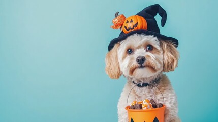 Cute Maltipoo dog with decorated hat and pumpkin treat bucket on light blue background