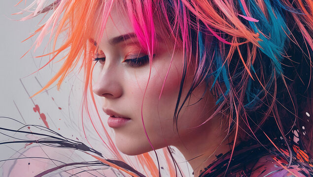Portrait of a woman with multicolored hair, closeup portrait
