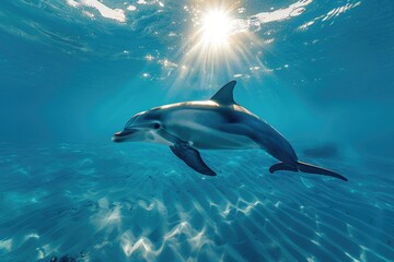 Obraz premium Playful Dolphin Swimming Under Sunlit Ocean Waters