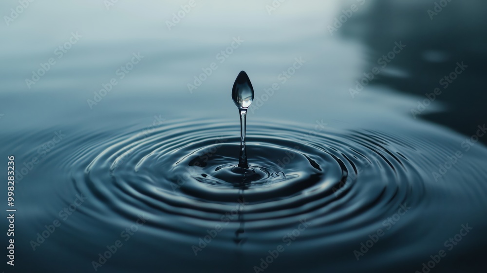 Poster minimalist water drop creating ripples in calm surface