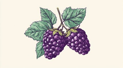 Minimalistic hand-drawn blackberry with vibrant hues and leaf detailing, evoking freshness and health in a simple, artistic style.
