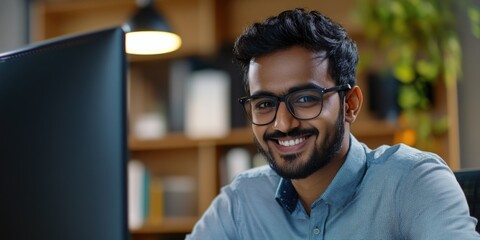 Obraz premium Smiling Businessman at a Workstation