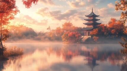 Naklejka premium Misty Chinese landscape with a pagoda by the lake, autumn trees and soft sunrise light creating a peaceful, serene setting.