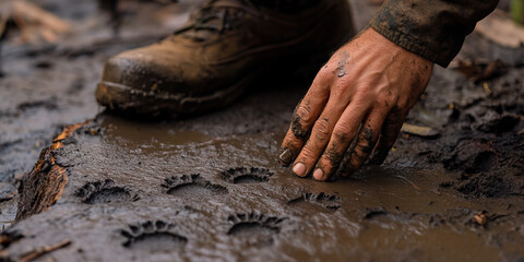 Expert Tracker's Domain: A skilled outdoorsman studying animal tracks in the mud, near a rustic tree stump.