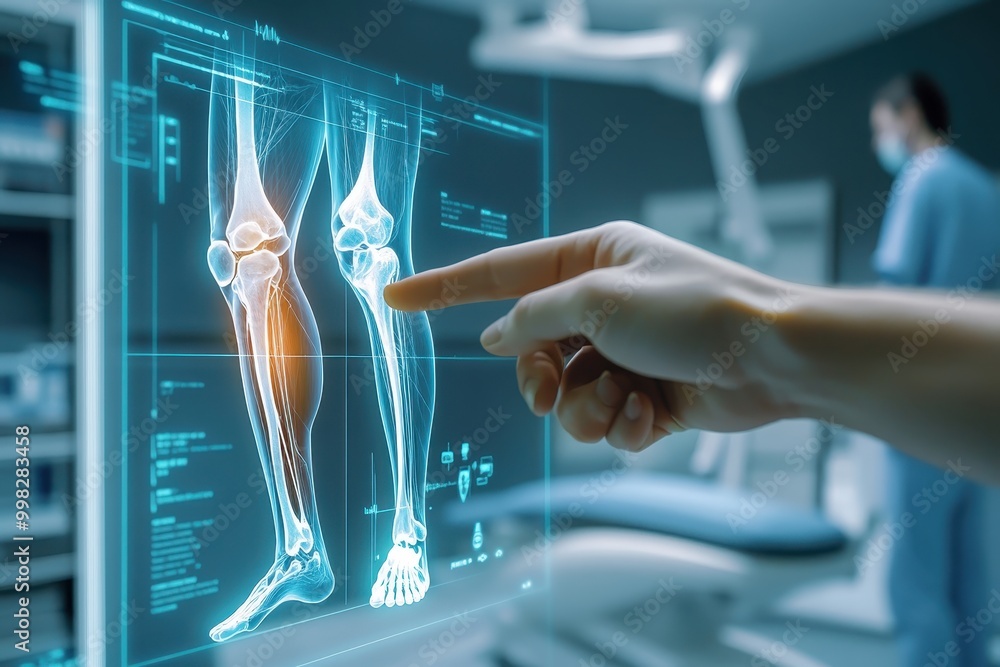 Poster a hand points at a digital display of knee x-rays in a medical environment.