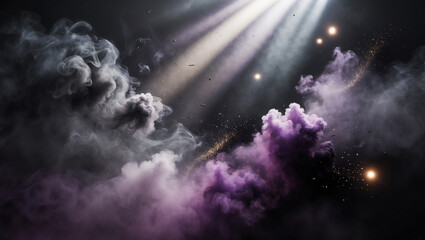 Naklejka premium A dramatic abstract background with swirling smoke and glowing particles in deep grays and purples, creating a mystical and ethereal atmosphere