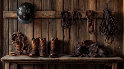 Cowboy Boots and Riding Gear Hanging in a Rustic Stable