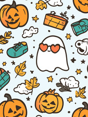 Halloween-Themed Pattern with Pumpkins, Ghosts, and Leaves in Black and Orange