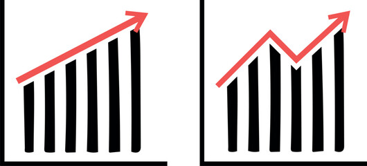 Set of graphs, set of bar charts. Graph going up  sign with and red arrows vector set. Vector illustration