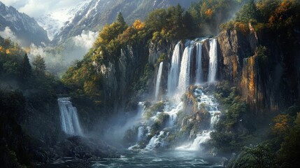 Fototapeta premium Majestic Waterfall Cascading Down a Mountainside Amidst Lush Foliage and Mist
