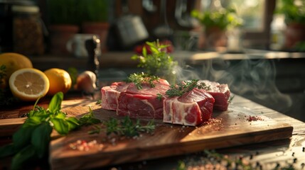 Obraz premium Freshly Cut Steak with Herbs and Spice on Wooden Board in Kitchen