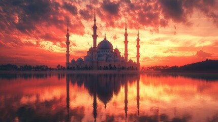 Fototapeta premium Mosque at sunset, mirrored on calm waters with a breathtaking sky, symbolizing peace and serenity.